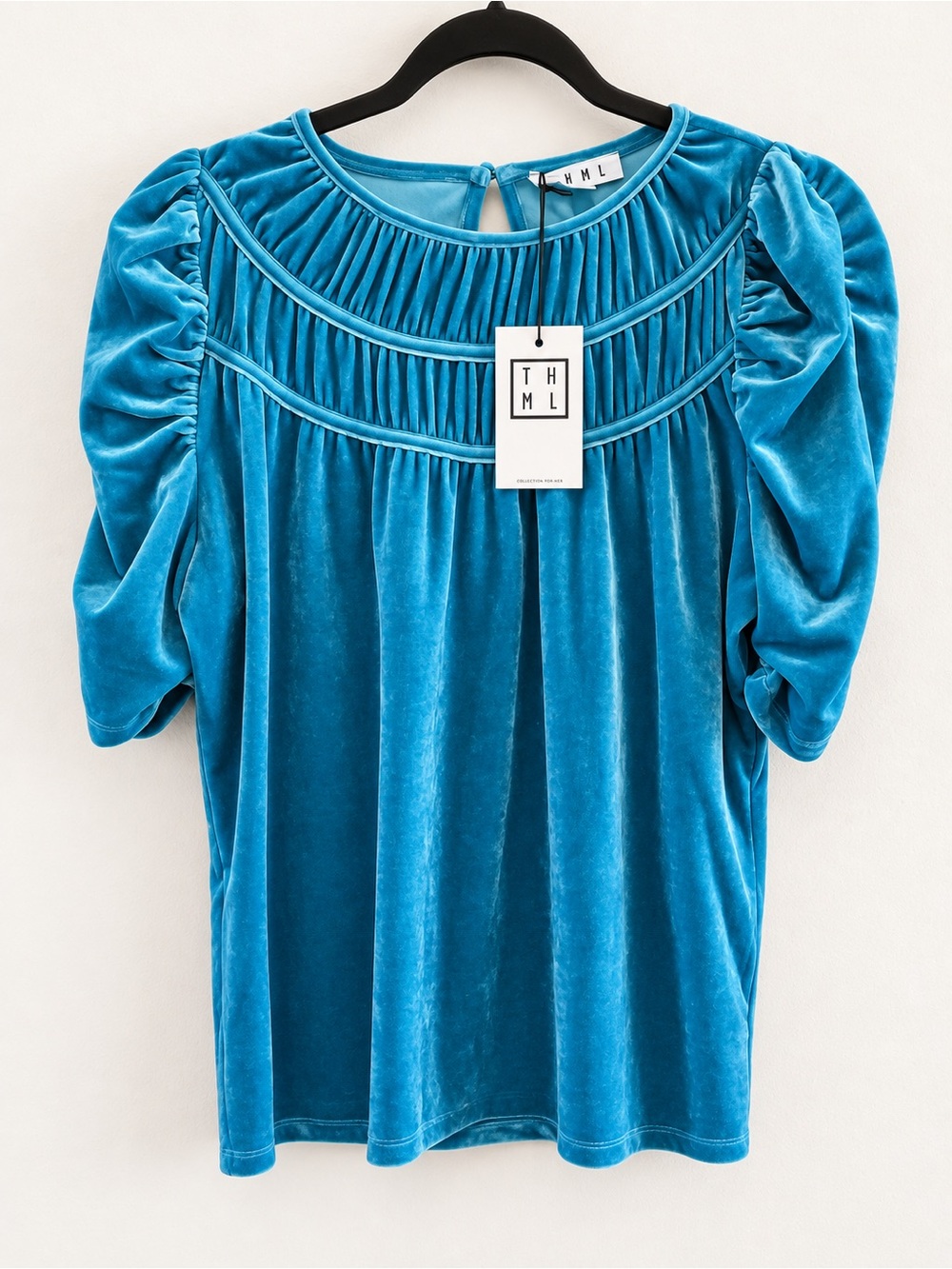 THML Teal Velvet Pleated Yoke Blouse